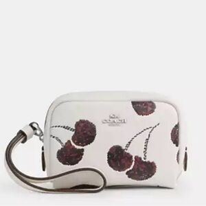 🍒🩶 Coach NWT Chalk Pouch Wristlet With sparkling Cherry Print /Silver Hardware